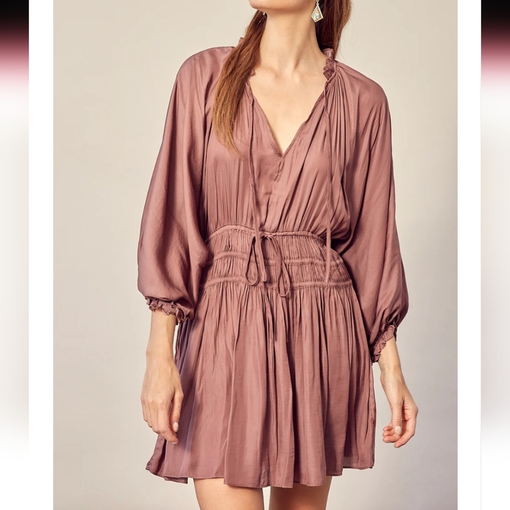 Anthro Mustard Seed Balloon Sleeve Shirred Waist Mini Dress Size Small